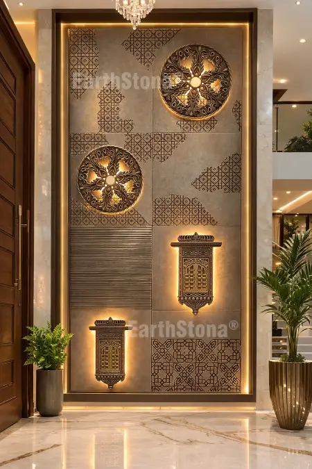 Luxury Sandstone Entrance Foyer Wall Mural with Decorative Medallions and Backlit Jharokha Panels